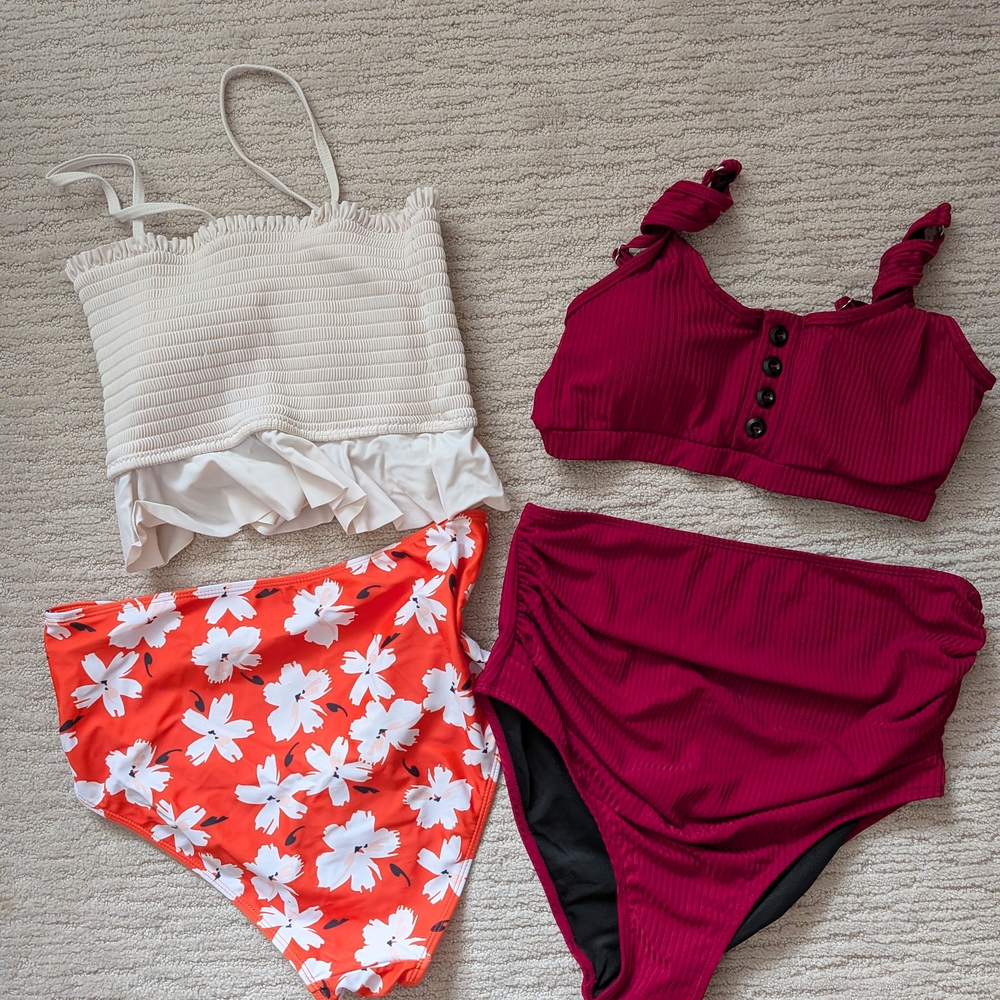 Burgundy Ribbed High-Waist Bikini Set - Unbranded
